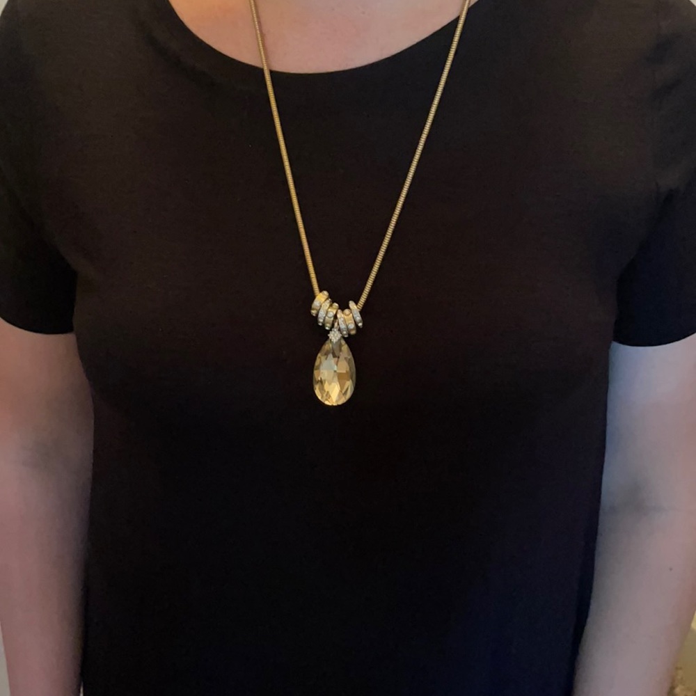 Gold Long Necklace with Crystal Charm